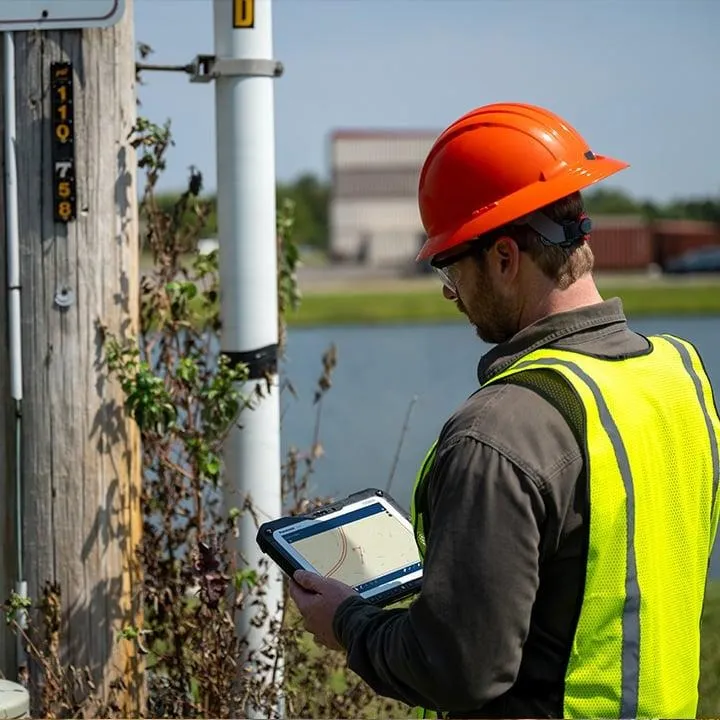 Técnico con casco y chaleco revisando una tableta junto a un poste de servicios